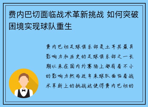 费内巴切面临战术革新挑战 如何突破困境实现球队重生