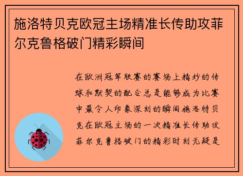 施洛特贝克欧冠主场精准长传助攻菲尔克鲁格破门精彩瞬间