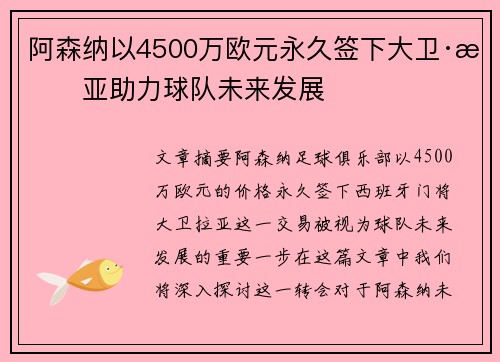 阿森纳以4500万欧元永久签下大卫·拉亚助力球队未来发展